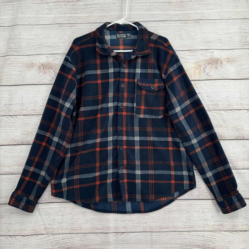 Billabong Fleece Shirt Mens XXL Navy Blue Orange Plaid Adventure Division